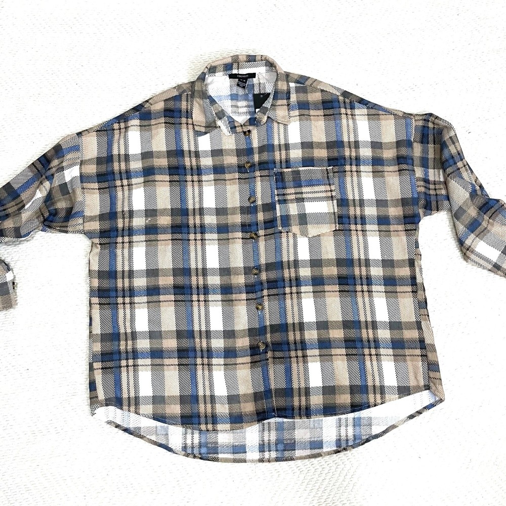 Forever 21 Plaid Button Up Oversized Shirt 3/4 Sleeve Lightweight Shacket Sz XL